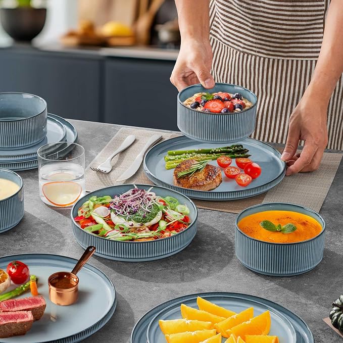 LIANYU Dinnerware Plates and Bowls Dishes Set, 24 Piece Elegant Stoneware Sets with Pasta Bowls for 6, Modern Ribbed Ceramic Dining Ware Dishware for Restaurant Wedding, Dishwasher Safe, Slate Blue