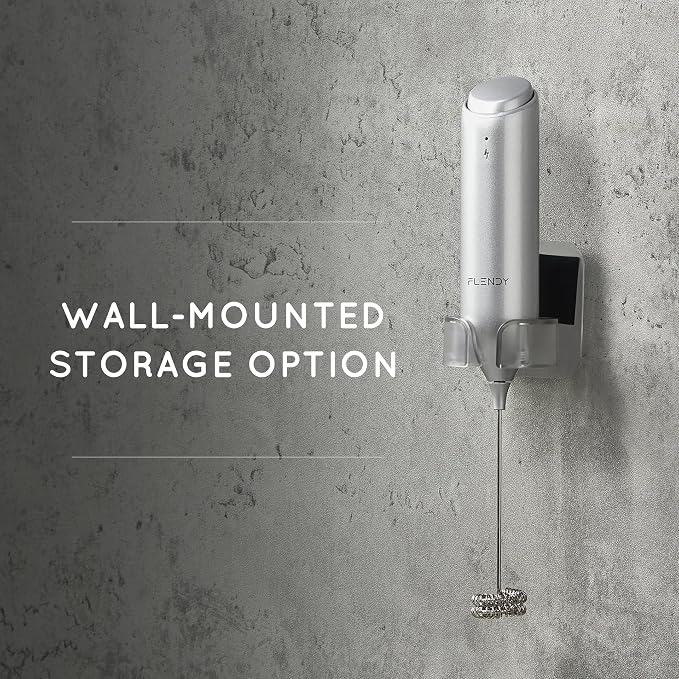 Flendy Rechargeable Milk Frother Handheld with Charging Stand | USB-C Charging Dock, 2 Detachable Double Whisk, Extra Long Mixer Wand, Wall Mount, Top Button, Compact Electric Stirrer