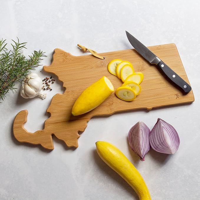Totally Bamboo Massachusetts State Shaped Cutting Board, Art by Fish Kiss | State charcuterie board with colorful hand-drawn map artwork. Smooth reverse side for food prep. Hang tie for wall display.