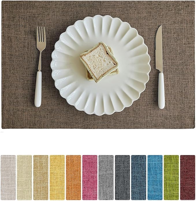 Softalker Faux Linen Placemats Set of 8-12 x 18 Inch, Heat Resistant Double Layered Durable Burlap Farmhouse Place Mats, Non-Slip Washable Rustic Table Mats for Dining, Kitchen, Party（Brown