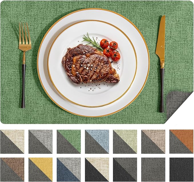 Romanstile Vinyl Placemats Set of 6, Reversible Faux Leather Heat Resistant Wipeable Table Mats, Waterproof Washable Non-Slip Table Placemats for Dining/Kitchen/Outdoor (Grey DarkGreen, 12" x 17")