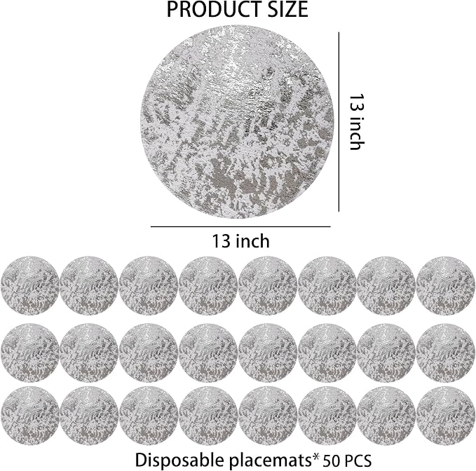 Snowkingdom Silver Disposable Placemats Set of 50 Foil Mesh 13 Inch Round Table Mates Bulk 50 Pack Silver Doilies for Dining Table Wedding Birthday Party Holiday Home Decoration