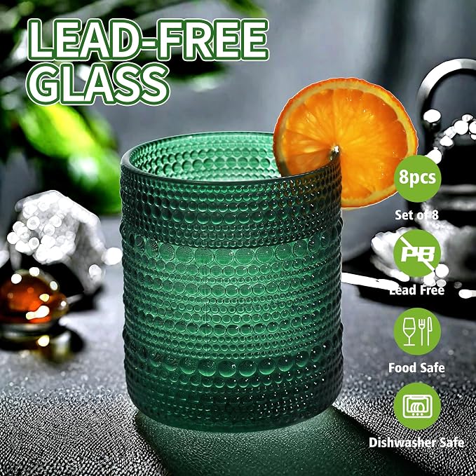 Vintage Hobnail Driinking Glasses Set, Glassware Drinking Set of 8, 12 oz Highball Glasses & 10 oz Cocktail Glasses, Tumbler Glasses for Cocktails, Whiskey, Juice, Milk, Blackish Green