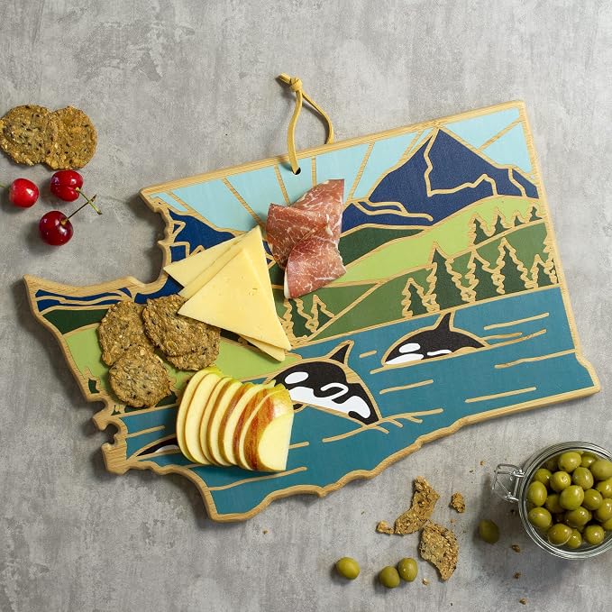 Totally Bamboo Washington State Shaped Cutting Board, Summer Stokes Art | State charcuterie board with colorful hand-drawn landscape art. Smooth reverse side for food prep. Hang tie for wall display.