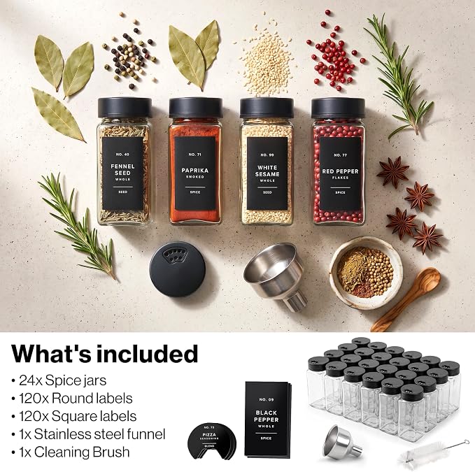 Glass Spice Jars with Label and Black Sprinkle Lids (24 x 4oz) | Airtight Lids keep spices fresh, Kitchen Spice Drawer Organizer, 4oz Seasoning Containers incl. Funnel, Brush & 240 Labels