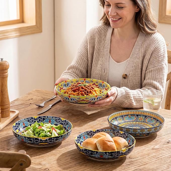vancasso Pasta Bowls Set of 4, 42oz Ceramic Salad Serving Bowls, Bohemian | 8.7in Colorful Bohemian Bowl Plates for Soup, Shallow Bowls for Kitchen, Microwave & Dishwasher Safe, Stackable, Large