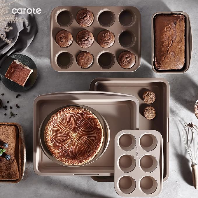 CAROTE 7-Piece Baking Pans Set, Nonstick Bakeware Sets, Gray & Khaki | Cookie Sheets, Muffin, Bread, Cake, Loaf, Roasting Pan, Easy-Release, Oven Safe Up to 446°F, PFAS-Free, Stackable, Home, Gift