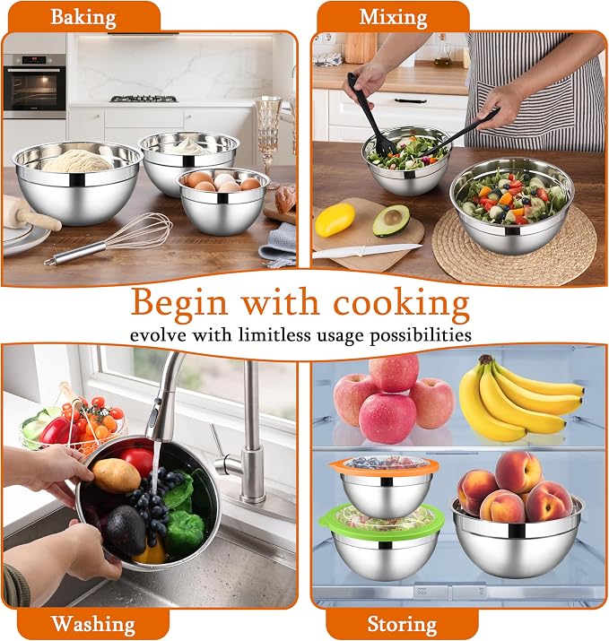 LIANYU Mixing Bowls with Lid Set of 3, Stainless Steel Metal Mixing Bowls | Large & Small 1.5 & 3 & 4.6QT Sizes, for Kitchen Cooking, Baking, Storage, Dishwasher Safe, 3-Color