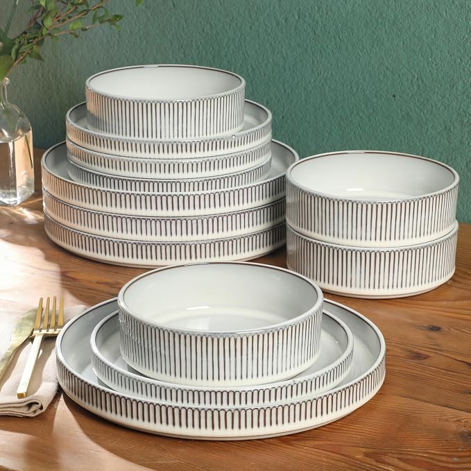 Gibson Elite 12 Piece (Service for 4) Townscape Plates and Bowls Reactive Glaze Embossed Round Dishes Terracotta Ceramic Dinnerware Set - Cream White