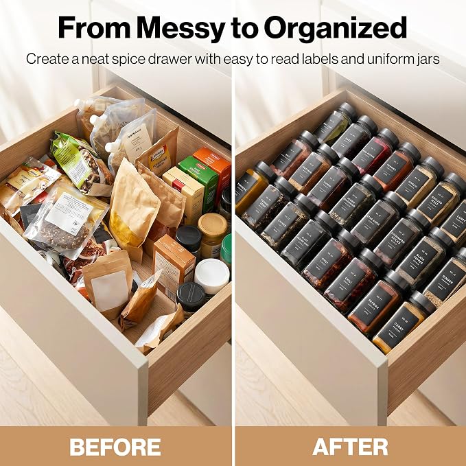 Glass Spice Jars with Label, Space Gray Sprinkle Lids (24 x 4oz) | Airtight Lids keep spices fresh, Kitchen Spice Drawer Organizer, 4oz Seasoning Containers incl. Funnel, Brush & 240 Labels