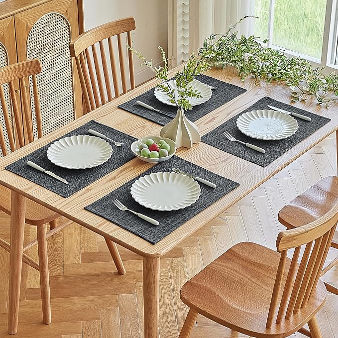 Softalker Faux Linen Placemats Set of 8-12 x 18 Inch, Heat Resistant Double Layered Durable Burlap Farmhouse Place Mats, Non-Slip Washable Rustic Table Mats for Dining, Kitchen, Party（Dark Grey