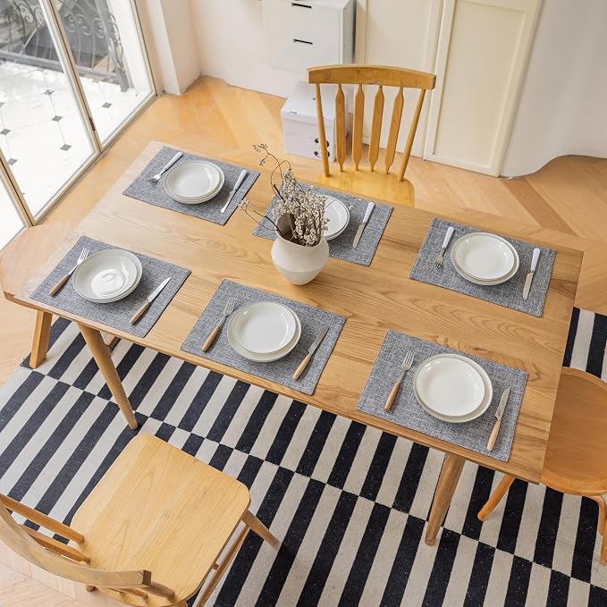 Demetex Grey Textured Linen Placemats Set of 8 Classic Place Mats Heat Resistant Cloth Table Placemat for Dinner Gathering Buffet, 13x19 inch, Ash Grey