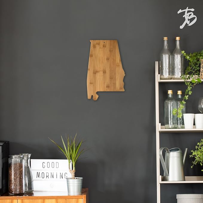 Totally Bamboo Alabama State Shaped Bamboo Serving and Cutting Board | State charcuterie board with natural bamboo grain. Knife-friendly surface for food prep. Hang tie for wall display.