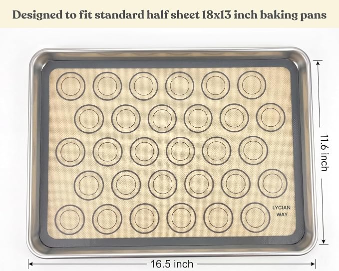 Macaron Silicone Baking Mats Set of 2, Half Sheet Nonstick Reusable Extra Thick Baking Sheet Liners for Macarons, Cookies and Pastry, Gray