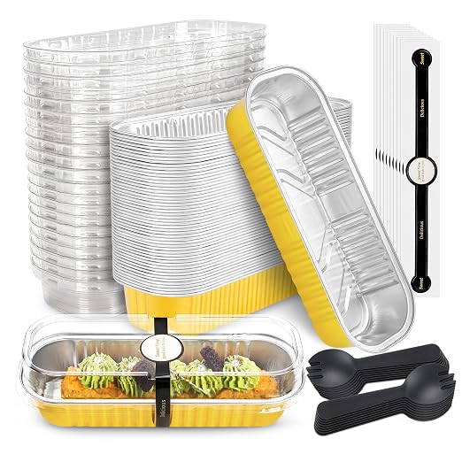 NPLUX Loaf Pans with Lids, 50 Pack Gold 6.8oz for Dessert Displays | Suitable for mini breads, tart portions, dips and sweets; cover-after-cooling setup helps cut repacking steps.
