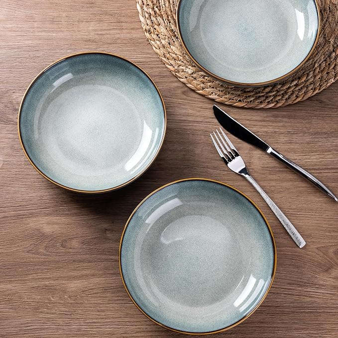 AmorArc 8.5’’ Ceramic Pasta Bowls Set of 6, 36oz Large Stoneware Bowls Set | Large Dinner Serving Bowls Set, Wide Bowl Plate for Pasta,Salad, Soup, Microwave Safe, Reactive Glaze-Ocean Blue