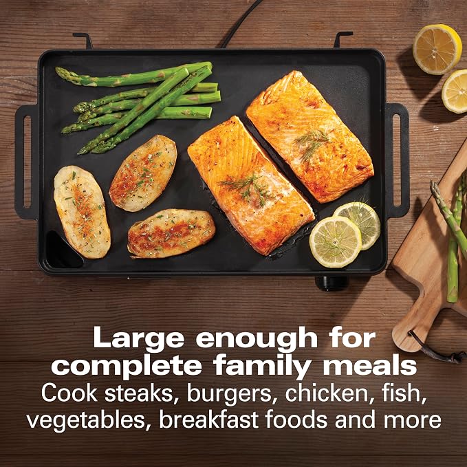 Hamilton Beach Professional Cast Iron Electric Griddle & Indoor Grill | Durable 10" x 16" Preseasoned Cooking Surface | Adjustable Temperature up to 450° F | Black | 38560