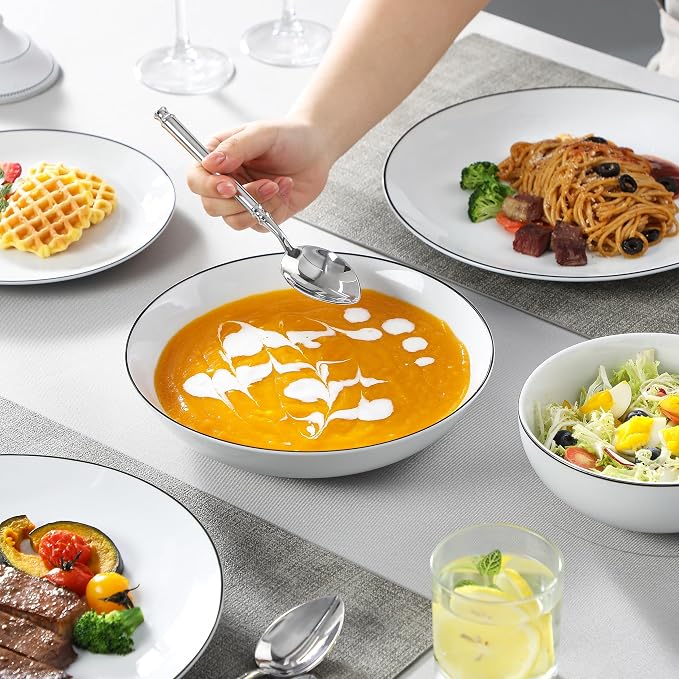 MALACASA 24-Piece Porcelain Dinnerware Set, with Black Rim Dish Set for 6 | Modern White Serving Plates and Bowls Sets for Dessert, Salad, Soup, Pasta, Microwave & Dishwasher Safe - Series AMELIA