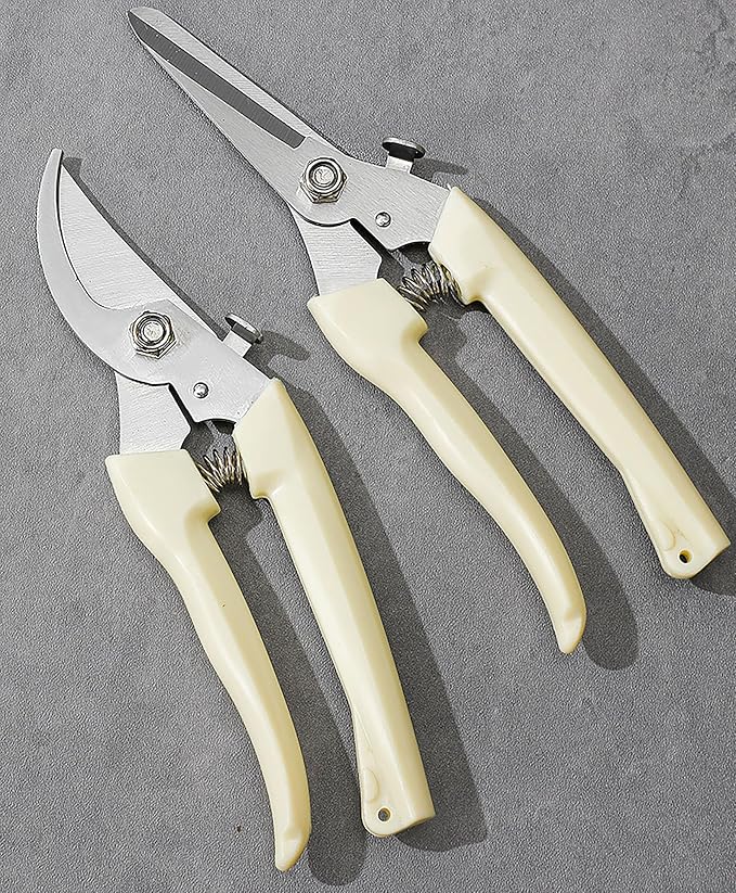 Garden Flower Shears Pruning Shears 6.9 inches Straight and Bypass Scissors Heavy Duty Plant Scissors for Cutting Flowers, Trimming Plants, Bonsai, Fruits Picking (White handle Straight and Bypass)