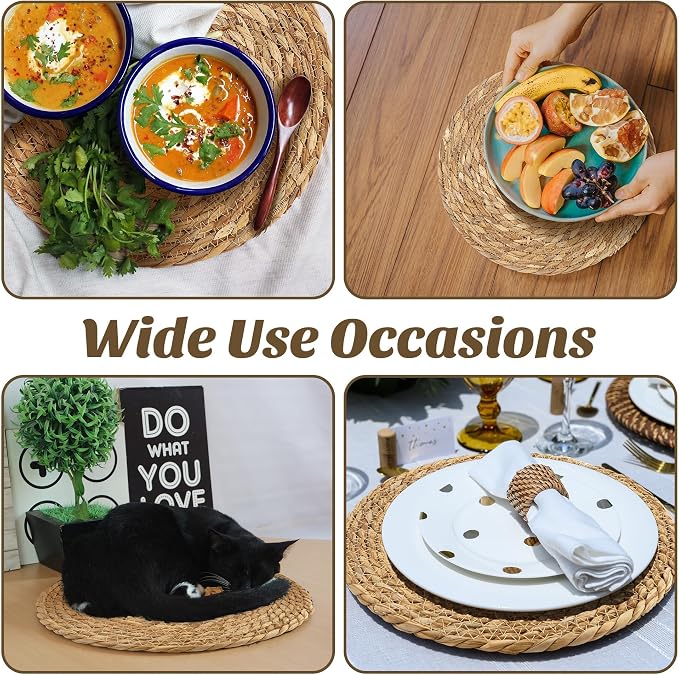 Kochorie Set of 24 Round Woven Placemats 13.8 Inches Bulrush Placemats Natural Hand-Woven Boho Rattan Placemats Wicker Table Mats Farmhouse Weave Place Mats for Home Dining Table