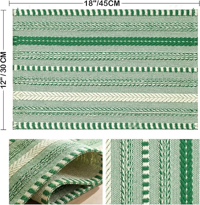 Artoid Mode Emerald Farmhouse Woven Braided Stripe Placemats Set of 4,12x18 Inch Seasonal Holiday Table Mats Party Kitchen Dining Decoration