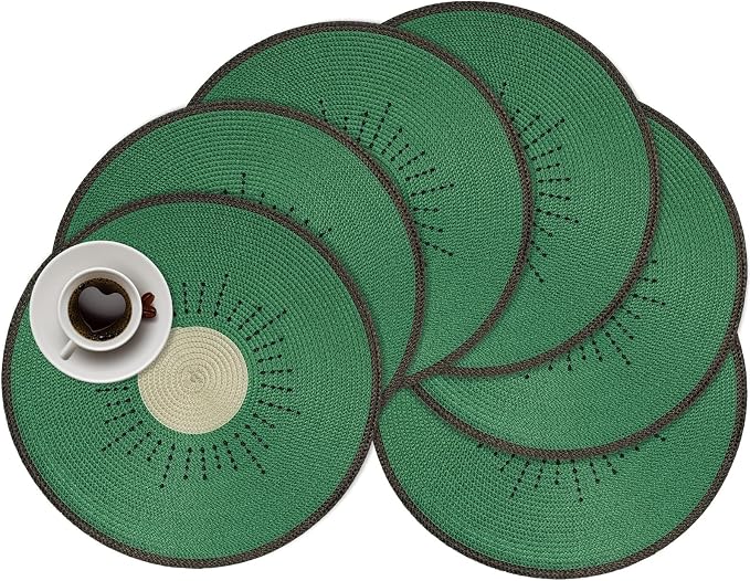 Zupro Round Placemats Set of 6,15inch Fruit Embroidered Table Mats Heat Resistant Non-Slip Washable,for Kitchen Dining Tables Four Seasons Dinner Parties Thanksgiving and Everyday Use.Kiwifruit Green