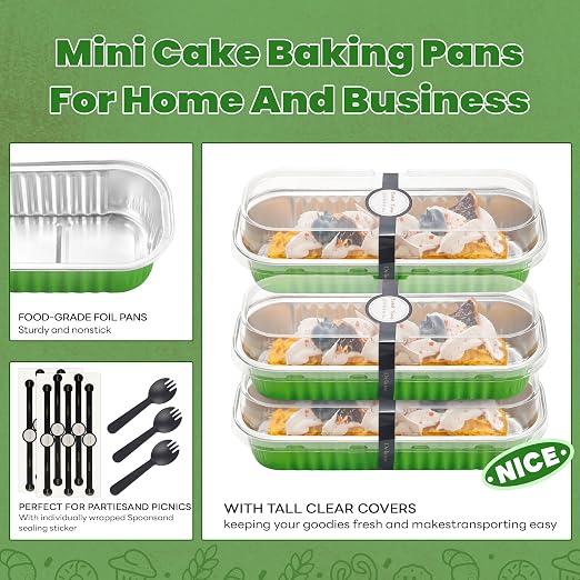 NPLUX Mini Loaf Pans with Lids, 50 Pack Green 6.8oz for Holiday Treats | Suitable for mini breads, tart portions, dips and sweets; works well for made-ahead dessert batches.