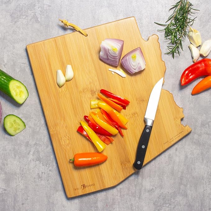 Totally Bamboo Arizona State Shaped Cutting Board, Summer Stokes Art | State charcuterie board with colorful hand-drawn landscape art. Smooth reverse side for food prep. Hang tie for wall display.