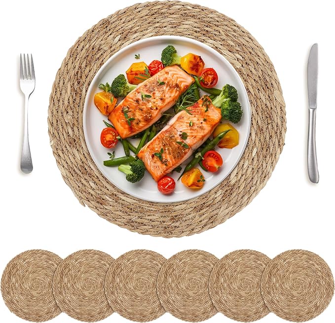 Kochorie Set of 6 Round Woven Placemats 15 Inch Bulrush Placemats Natural Handwoven Boho Rattan Wicker Table Mats for Farmhouse & Home Dining