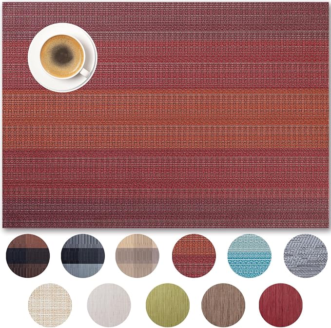 Placemats Set of 4 - Easy Clean Woven Vinyl Placemats for Dining Table, Indoor/Outdoor Place Mats, Washable PVC Table Mats（Pomegranate Parade）