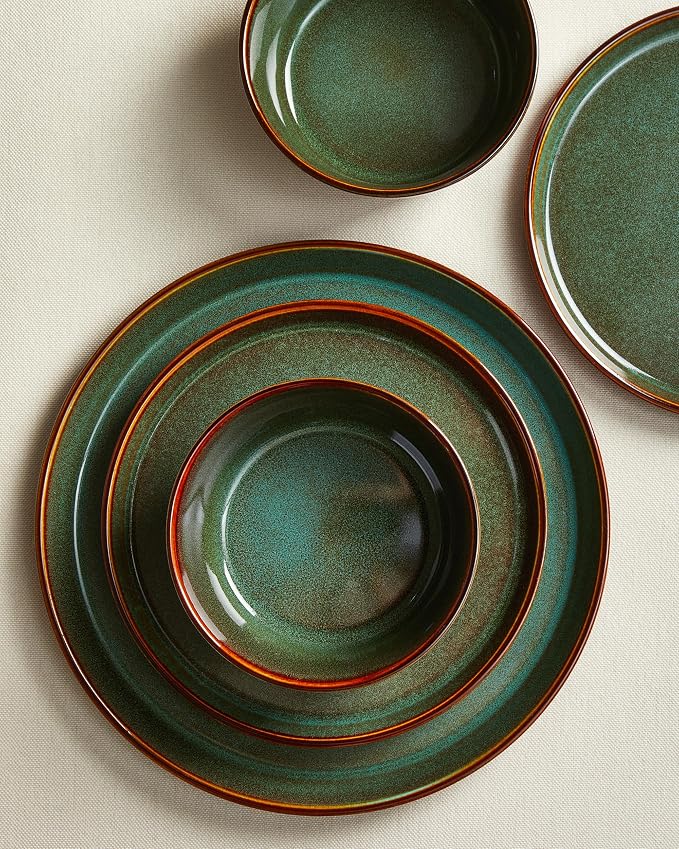 Plates and Bowls Sets for 4, Ceramic Dinnerware Sets, Kitchen Dish Set, Microwave & Dishwasher Safe Dishware, Highly Durable Hand Glazed Dinner Set, Brown Green