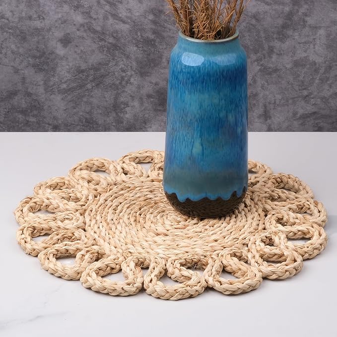 13.8" Corn Husk Woven Round Placemats Set of 4 - Wicker Boho Farmhouse Placemats - Rattan Table Mats Like Water Hyacinth for Dining Table, Wedding, Home, Christmas, Party