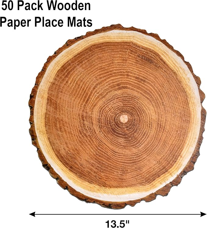 Wood Slice Placemats 50 Pack Rustic Round Disposable Paper Place Mats 13.5" | Farmhouse Woodland Table Décor for Camping BBQ Wedding Parties