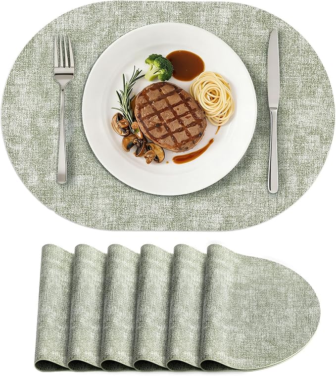 Placemats Set of 6, 11.8 x 17 Inch, Grass Green | Heat Resistant Oval Faux Leather Place Mats, Waterproof Wipeable Reversible PU Placemat, Indoor & Outdoor