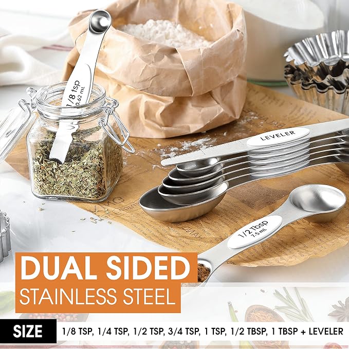 Spring Chef Stainless Steel 8 Magnetic Measuring Spoons for Kitchen, White | Dual Sided Metal Teaspoon & Tablespoon Measuring Spoons w/ Leveler for Dry & Liquid Ingredients, Nesting, Fits in Spice Jars