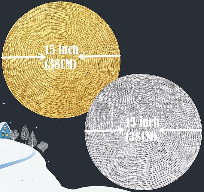 Zupro Round Silvery Placemats Set of 6 Braided 15" Indoor/Outdoor Use | Heat Resistant Non-Slip Washable,for Kitchen Dining Tables Dinner Parties Thanksgiving Christmas and Everyday Use.
