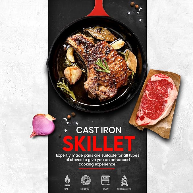 Utopia Kitchen Cast Iron Skillet Set 3 Piece 6 8 10 Inch PFAS-Free Red | Chef Pan, Even Heat Distribution, Stovetop, Campfire and Grill Safe, Large Skillet Set, Indoor Outdoor Use