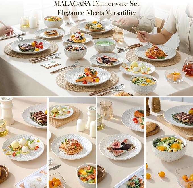 MALACASA 12 Pieces Dinnerware Sets, Farmhouse Plates and Bowls Sets, Embossed White Dish Set for 4, Vintage Relief Ceramic Dish Set, Chip-Resistant, Microwave and Dishwasher Safe, Series LYDIA