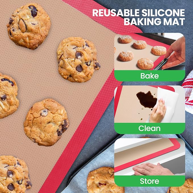 Nutrichef Silicone Baking Mats - 2 Non-stick Food-Grade Reusable Silicone Mats - Perfect for Half Baking Pans 16.5 x 11.6 IN - Oven-Safe Up to 480 Degrees F - Safe for Ovens & Dishwashers - Red