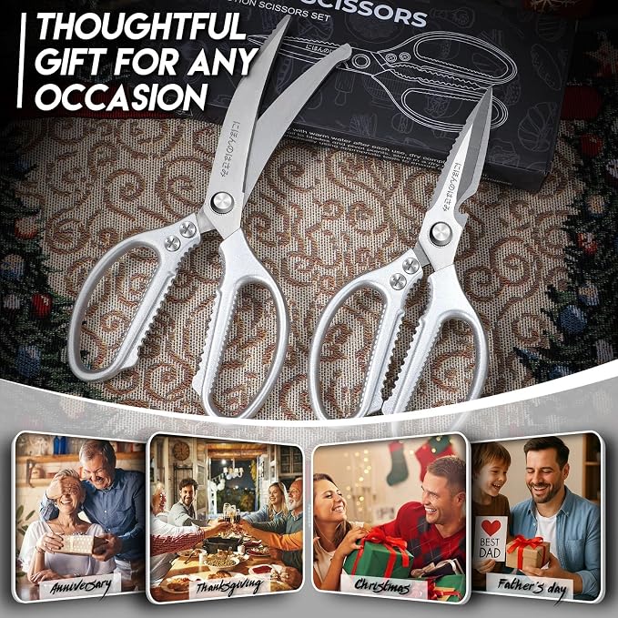 TIJERAS Kitchen Scissors Shears Set - 2PCS Stainless Steel Sharp | Meat & Heavy Duty Poultry Sharp Shears, Dishwasher Safe, Japanese Cooking Scissor for Food Chicken, Gifts for Women, Silver