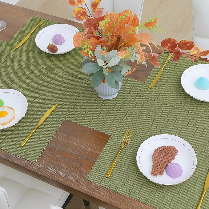 SHACOS Placemats Set of 8 Woven Vinyl Place Mats for Dining Table Wipe Clean Heat Resistant Washable Kitchen Table Mats (8, Olive Green)