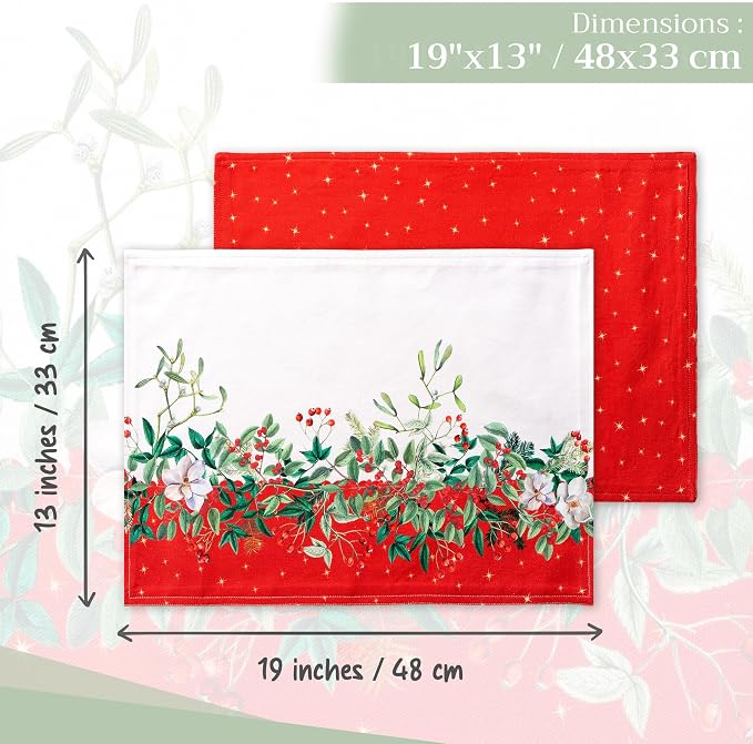 Maison d' Hermine Placemats Set of 4 Reusable 100% Cotton (13"x19") | Cloth Place Mats Washable Table Mats for Kitchen Dining Party Wedding Hotel Home Thanksgiving Christmas - Noel