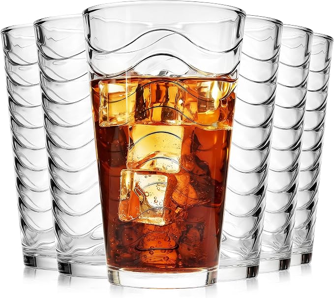 ALINK 16 oz Vintage Drinking Glasses, Set of 6 Wave Line Highball Glass Cups Bar Glasses, Clear Heavy Base Stemmed Water Glasses for Beer, Iced Coffee, Cocktail, Wine, Iced Tea, Dishwasher Safe