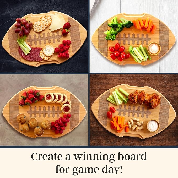 Totally Bamboo Flip, Serve & Store Football Charcuterie Board with Lid | Football-shaped serving board with locking travel cover for tailgates and game day parties. Prep side includes juice groove.