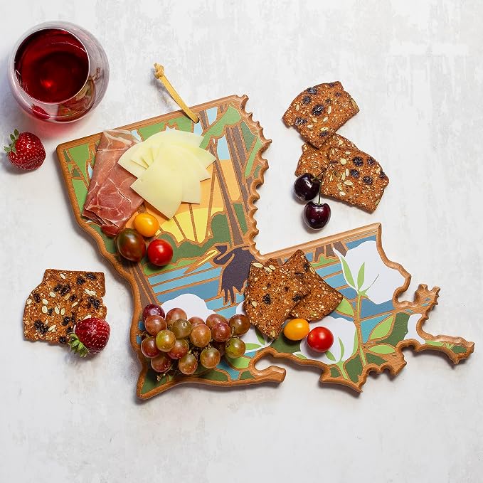 Totally Bamboo Louisiana State Shaped Cutting Board, Summer Stokes Art | State charcuterie board with colorful hand-drawn landscape art. Smooth reverse side for food prep. Hang tie for wall display.