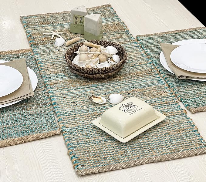 Natural Jute Table Runner 13x36 Inch – Vintage Boho Rustic Table Decor – Handwoven Table Runner in Natural Jute and Aqua Turquoise – Farmhouse Dining or Console Table Accent