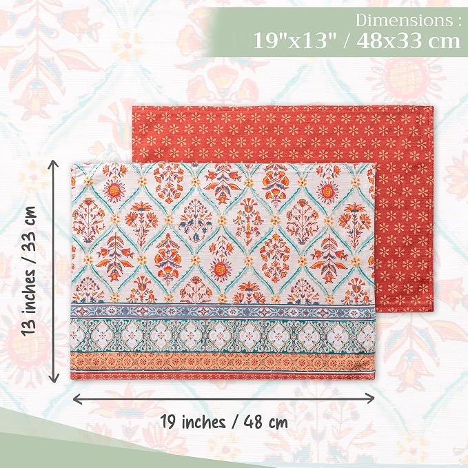Maison d' Hermine Placemats Set of 4 Reusable 100% Cotton (13"x19") | Cloth Place Mats Washable Table Mats for Kitchen Dining Party Wedding Hotel Home Thanksgiving Christmas - Romane