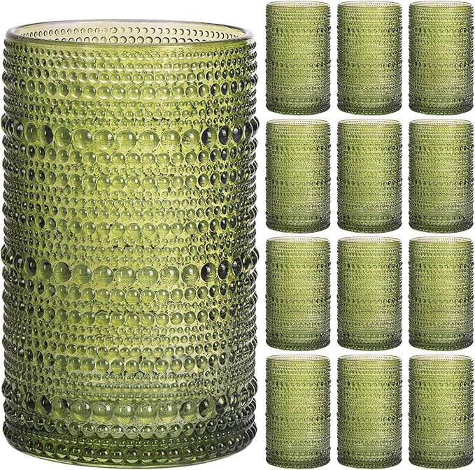 Moretoes12 Pack 12 Oz Green Hobnail Drinking Glasses Set,Water Glass Cups | Highball Glasses Embossed Boho Kitchen Bar Tumbler Glassware Set for Whiskey, Beer, Juice, Milk and Various Mixed Drinks
