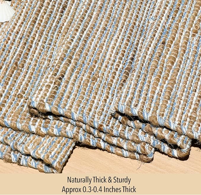 Natural Jute Table Runner, 13x36 Inch, Sky Blue-White | Vintage Boho Rustic Table Decor, Handwoven, Farmhouse Dining or Console Accent
