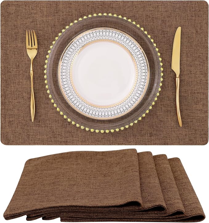 Faux Cotton Linen Placemats Set of 4, Cloth Washable Farmhouse Dining Table Mats for Indoors & Outdoors, Easy to Clean, Brown, 13 x 19 Inch